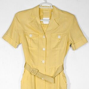 VTG Moda Spiegel Retro Linen Safari Midi Dress Womens 8 Yellow Button Front Belt